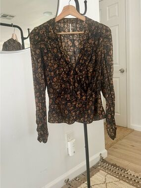 Free People Black Floral V-Neck Long Sleeve Blouse